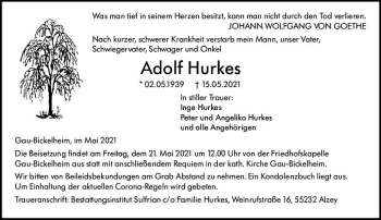 Traueranzeige von Adolf Hurkes von vrm-trauer