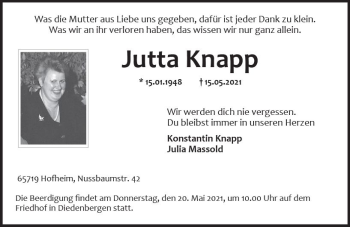 Traueranzeige von Jutta Knapp von vrm-trauer