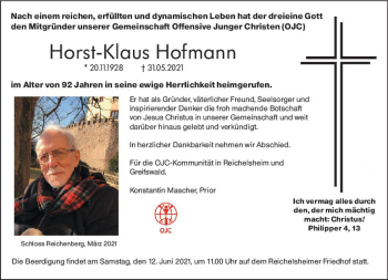 Traueranzeige von Horst-Klaus Hofmann von vrm-trauer