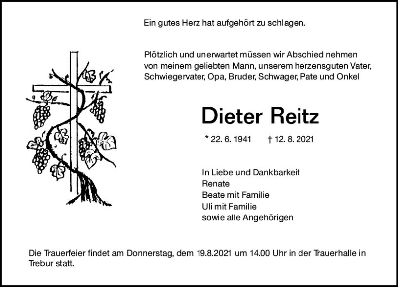  Traueranzeige für Dieter Reitz vom 17.08.2021 aus vrm-trauer