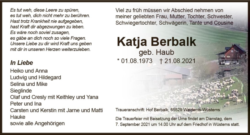  Traueranzeige für Katja Berbalk vom 04.09.2021 aus vrm-trauer