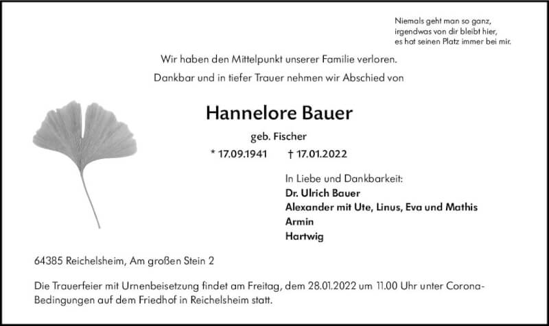  Traueranzeige für Hannelore Bauer vom 22.01.2022 aus vrm-trauer Odenwälder Echo