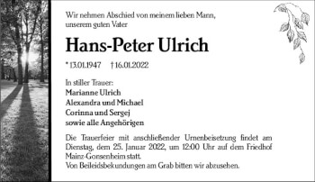 Traueranzeige von Hans-Peter Ulrich von vrm-trauer AZ Mainz