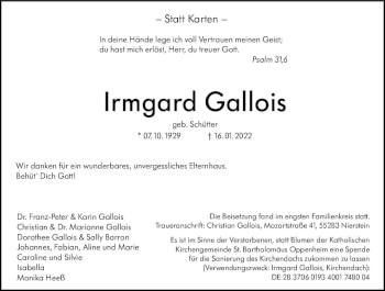 Traueranzeige von Irmgard Gallois von vrm-trauer AZ Mainz
