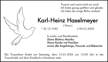Traueranzeige von Karl-Heinz Haselmeyer von vrm-trauer AZ Mainz