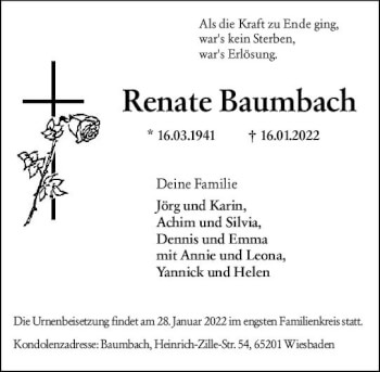 Traueranzeige von Renate Baumbach von vrm-trauer Wiesbadener Kurier