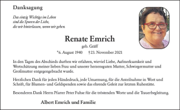 Traueranzeige von Renate Emrich von vrm-trauer Allg. Zeitung Bad Kreuznach