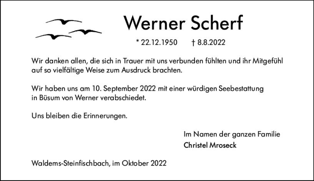  Traueranzeige für Werner Scherf vom 15.10.2022 aus vrm-trauer Idsteiner Zeitung