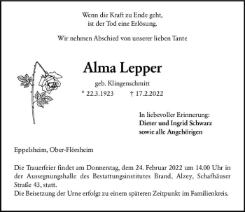 Traueranzeige von Alma Lepper von vrm-trauer Allgemeine Zeitung Alzey