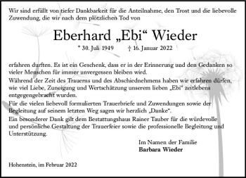 Traueranzeige von Eberhard Wieder von vrm-trauer Wiesbadener Kurier