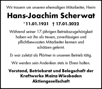 Traueranzeige von Hans-Joachim Scherwat von vrm-trauer Wiesbadener Kurier
