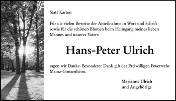 Traueranzeige von Hans-Peter Ulrich von vrm-trauer AZ Mainz