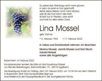Traueranzeige von Lina Mossel von vrm-trauer Allgemeine  Zeitung Ingelheim-Bingen
