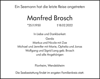 Traueranzeige von Manfred Brosch von vrm-trauer Allgemeine Zeitung Alzey