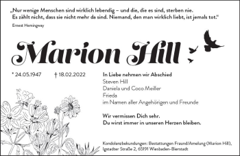 Traueranzeige von Marion Hill von vrm-trauer Wiesbadener Kurier