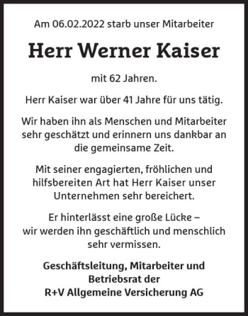 Traueranzeige von Werner Kaiser von vrm-trauer Wiesbadener Kurier