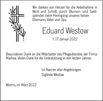 Traueranzeige von Eduard Westow von vrm-trauer Wormser Zeitung