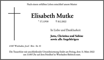 Traueranzeige von Elisabeth Mutke von vrm-trauer Wiesbadener Kurier