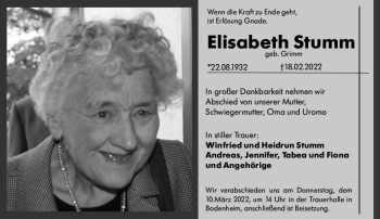 Traueranzeige von Elisabeth Stumm von vrm-trauer AZ Mainz