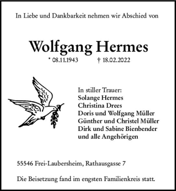 Traueranzeige von Wolfgang Hermes von vrm-trauer Allg. Zeitung Bad Kreuznach