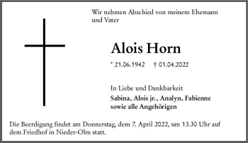 Traueranzeige von Alois Horn von vrm-trauer AZ Mainz
