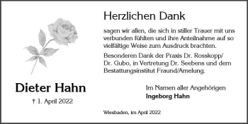 Traueranzeige von Dieter Hahn von vrm-trauer Wiesbadener Kurier
