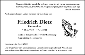Traueranzeige von Friedrich Dietz von vrm-trauer Rüsselsheimer Echo / MainSpitze