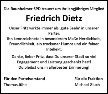 Traueranzeige von Friedrich Dietz von vrm-trauer Rüsselsheimer Echo / MainSpitze