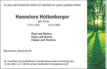 Traueranzeige von Hannelore Hüttenberger von vrm-trauer Rüsselsheimer Echo / MainSpitze