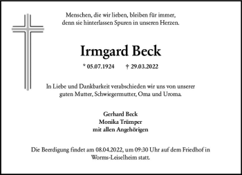 Traueranzeige von Irmgard Beck von vrm-trauer Wormser Zeitung
