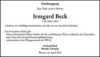 Traueranzeige von Irmgard Beck von vrm-trauer Wormser Zeitung