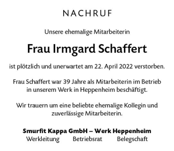Traueranzeige von Irmgard Schaffert von vrm-trauer Bürstädter/Lamperth. Ztg/Starkenburger