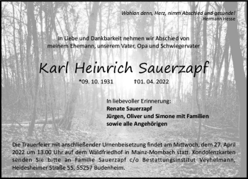Traueranzeige von Karl Heinrich Sauerzapf von vrm-trauer AZ Mainz