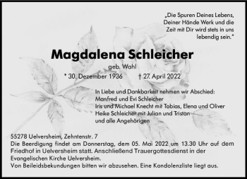 Traueranzeige von Magdalena Schleicher von vrm-trauer AZ Mainz
