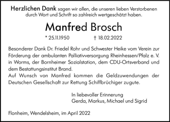 Traueranzeige von Manfred Brosch von vrm-trauer Allgemeine Zeitung Alzey
