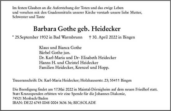 Traueranzeige von Barbara Gothe von vrm-trauer Allgemeine  Zeitung Ingelheim-Bingen