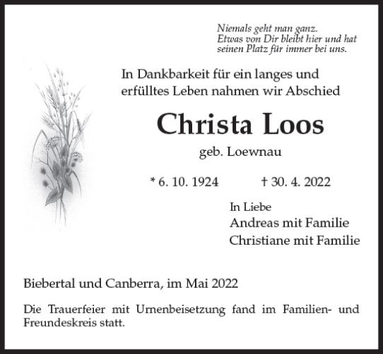 Traueranzeige von Christa Loos von vrm-trauer Wiesbadener Kurier