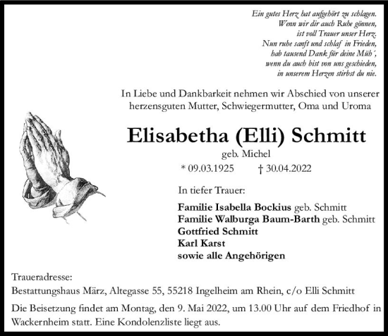 Traueranzeige von Elisabetha Schmitt von vrm-trauer Allgemeine  Zeitung Ingelheim-Bingen