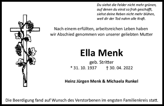 Traueranzeige von Ella Menk von vrm-trauer Allgemeine  Zeitung Ingelheim-Bingen