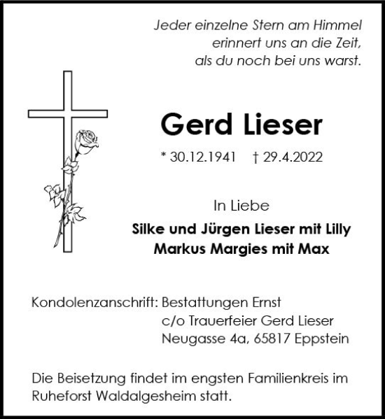Traueranzeige von Gerd Lieser von vrm-trauer Wiesbadener Kurier