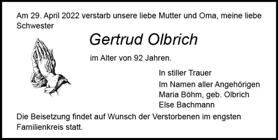 Traueranzeige von Gertrud Olbrich von vrm-trauer DieburgerAnzeiger/Groß-Zimmerner Lokala