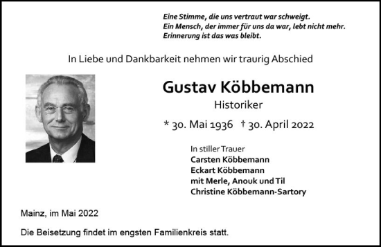 Traueranzeige von Gustav Köbbemann von vrm-trauer AZ Mainz