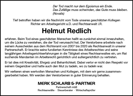 Traueranzeige von Helmut Redlich von vrm-trauer Allg. Zeitung Bad Kreuznach