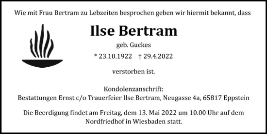 Traueranzeige von Ilse Bertram von vrm-trauer Wiesbadener Kurier