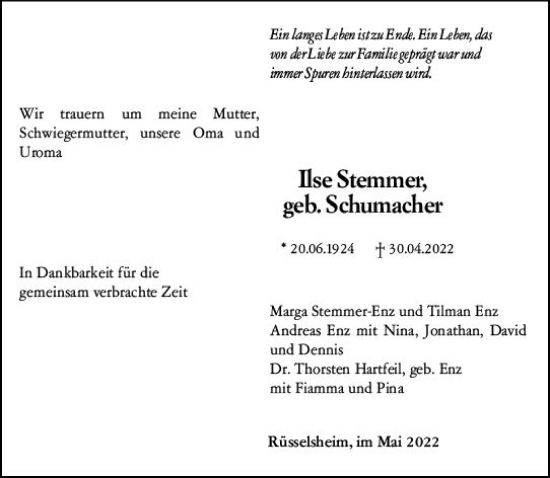 Traueranzeige von Ilse Stemmer von vrm-trauer Rüsselsheimer Echo / MainSpitze