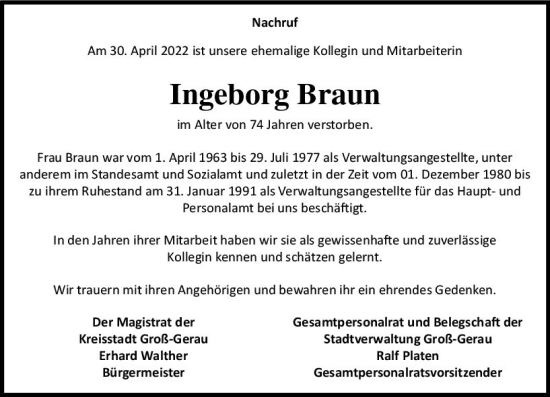 Traueranzeige von Ingeborg Braun von vrm-trauer Groß-Gerauer Echo
