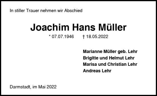 Traueranzeige von Joachim Hans Müller von vrm-trauer Darmstädter Echo
