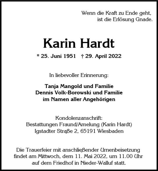 Traueranzeige von Karin Hardt von vrm-trauer Wiesbadener Kurier