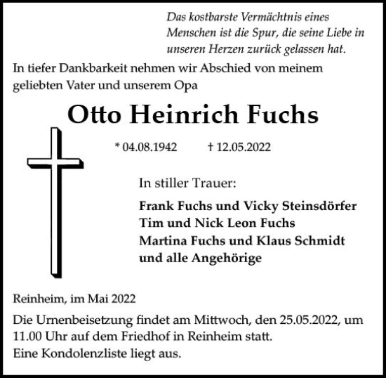 Traueranzeige von Otto Heinrich Fuchs von vrm-trauer Darmstädter Echo