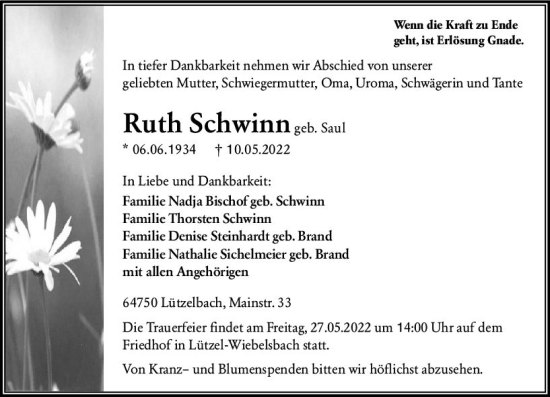 Traueranzeige von Ruth Schwinn von vrm-trauer Odenwälder Echo
